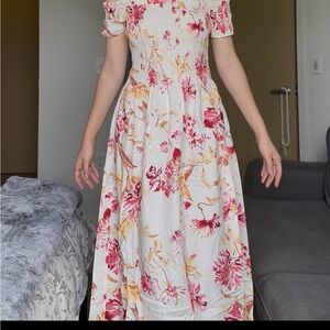 H&M Pink and Red Puff Sleeve Maxi Sundress